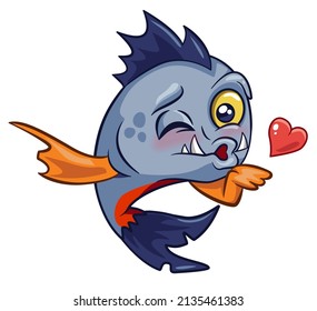 Piranha Ash blows a kiss and winks. sticker. Wants to become a mascot. Outline of the contour. Cartoon cool picture. Kiss icon. white background. Emoji. Emoticon.