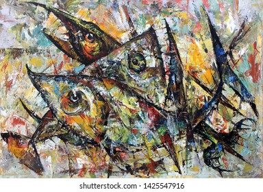 Piranha Battle. Expressionism Oil Painting On Canvas