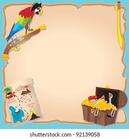 Pirate Birthday Party  and treasure hunt Invitation with peg legged parrot, map and chest