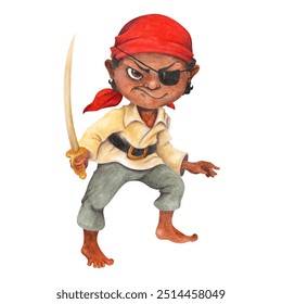 Pirate boy. Watercolor illustration of dark-skinned, barefoot pre-teen in corsair clothing with saber. Isolated freebooter for pirate party design, speak like a pirate day card, t-shirt printing - Powered by Shutterstock