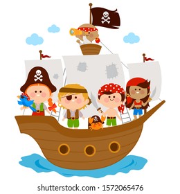 Pirate boys and girls sailing on a ship at the sea.