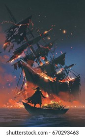 the pirate with burning torch standing on boat with treasure looking at sinking ship, digital art style, illustration painting