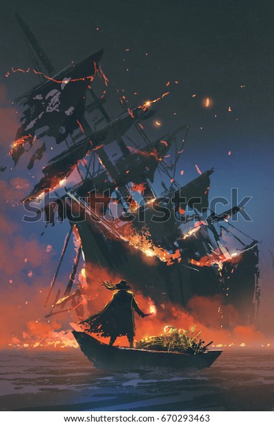 船の上に立ち 沈没する船を見る宝物を持つ燃える松明を持つ海賊 デジタルアートスタイル イラトス絵画 のイラスト素材