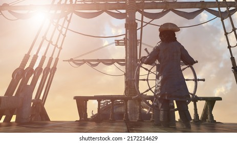 the pirate captain holds the ship's steering wheel and sails across the 
 sea on a sailing pirate ship render 3d illustration 