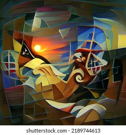 Pirate Of The Caribbean Wallpaper In Cubism Style, Adventurous Painting In Mosaic Flooring Style, Pirate's Ship In The Ocean Background, Jolly Roger Illustration