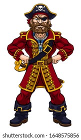 A pirate cartoon character captain mascot with skull and crossed bones on his tricorne hat, eye patch and hands on hip in strong pose