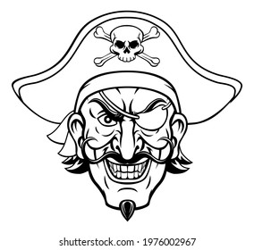 A Pirate Cartoon Character Captain Mascot Face With Skull And Crossed Bones On His Tricorne Hat