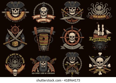 Pirate color logos with skulls on a black background.