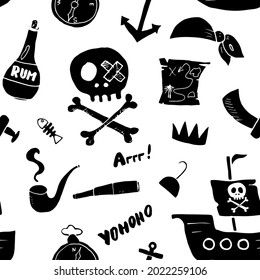 Pirate Doodles Seamless Pattern. Cute Pirate Items Sketch. Hand Drawn Cartoon Illustration.