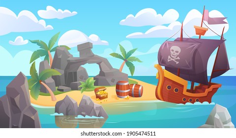 Pirate island landscape illustration. Cartoon scenic seascape with piratical ship in ocean or sea waters and treasure old chest full of gold on rocky beach island, adventure scene background