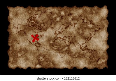 Pirate Map With World Print, X In America.