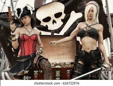 Pirate plunder. Two pirate females showing off there looted treasure of gold coins. 3d rendering. 