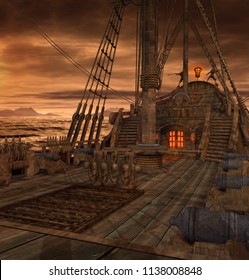 Pirate ship deck with stairs to the galley and door to the captains cabin, 3d render