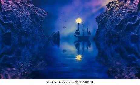 A pirate ship enters the harbor full moon night harbor. 3d render illustration                       