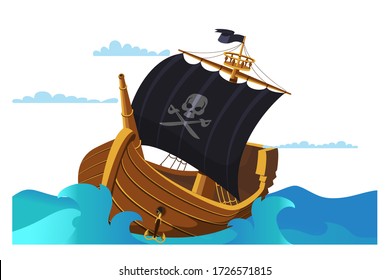 Pirate Ship Flat Illustration Black Sail Stock Illustration 1726571815