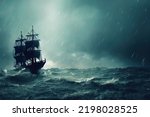 Pirate ship navigating during a storm. Thunder, rain big waves on the ocean. Black boat setting sails on rough water, sea. Digital artwork, painting. 
