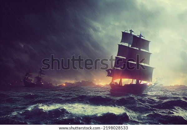 Pirate ship navigating during a
storm. Thunder, rain big waves on the ocean. Black boat setting
sails on rough water, sea. Digital artwork, painting.
