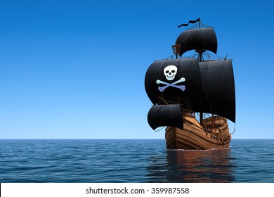 Pirate Ship In The Ocean. 3D Scene.