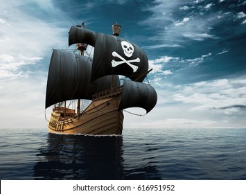 Пиратский корабль в открытом море. 3D иллюстрация.