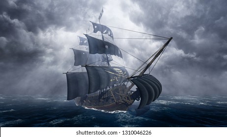  Pirate Ship On Stormy Sea 3D Rendering