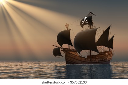 Pirate Ship In Rays Of The Sun. 3D Scene.