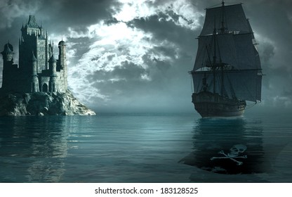 Pirate Ship Sailing Near A Gothic Castle