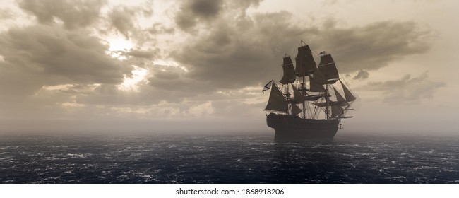 Piratenschiff, das auf dem Meer segelt. Sturmwolken. Vintage-Kreuzfahrt. 3D-Illustration