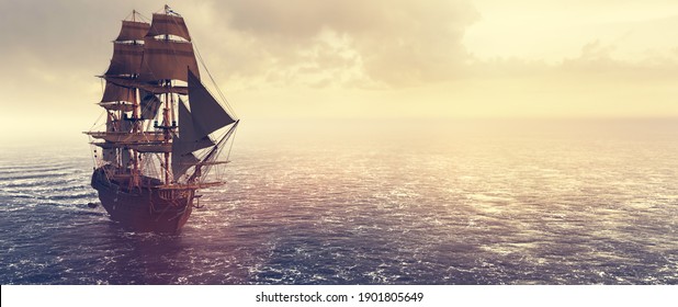 Pirate Ship Sailing On The Ocean At Sunset. Vintage Cruise. 3D Illustration