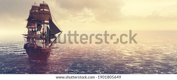 Pirate ship sailing on the ocean at sunset.
Vintage cruise. 3D
illustration