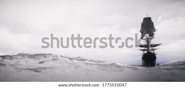 海賊船は嵐の海を航海している ビンテージの冒険 3dイラスト のイラスト素材 海賊船は嵐の海を航海している ビンテージの冒険 3dイラスト のイラスト素材