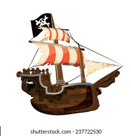 Pirate Ship.  A Wooden Pirate Ship With Striped Sails, Wooden Hull And Pirate Ship Flag.