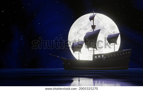 pirate ships find a treasure chest on the sea\
or ocean On the night of the full moon. silhouette or shadow of a\
sailboat reflecting the water surface at night with stars in the\
sky. 3D rendering