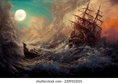 Pirate Ships In Stormy Waters On The High Seas, Fantasy Environment Digital Painting Epic Scene 