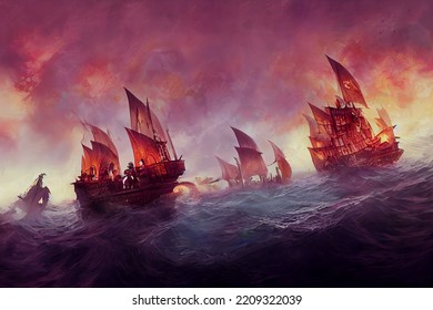 Pirate Ships In Stormy Waters On The High Seas, Fantasy Environment  Digital Painting Epic Scene