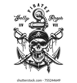 Pirate skull emblem with swords, anchor and rope. On white background.