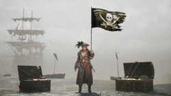 A Pirate Stands Next To A Pirate Flag And Treasure Chests On His Island. The Man Was Created Using 3D Computer Graphics. 3D Rendering. The Image Is Ideal For Pirate Backgrounds.