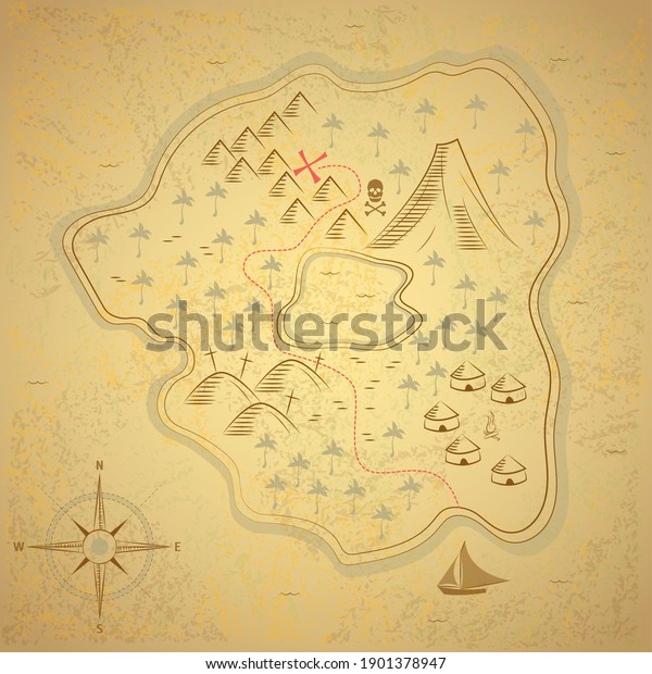 Pirate Treasure Map on a Vintage Parchment\
Background Card Direction Adventure Travel Concept. illustration of\
Navigation\
Journey