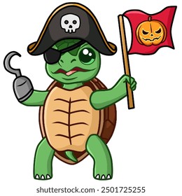 Pirate turtle. Describe turtle wearing a pirate costume carrying a Halloween flag. Perfect for stickers, Halloween products, etc - Powered by Shutterstock