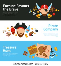 Pirates adventure hunt for lost treasure sailing cruise advertisement banners set poster flat abstract isolated  illustration