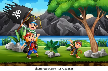 Pirates cartoon on the hill illustration - Powered by Shutterstock