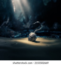 a pirate's hook in a dark cave. 3D rendering, illustration