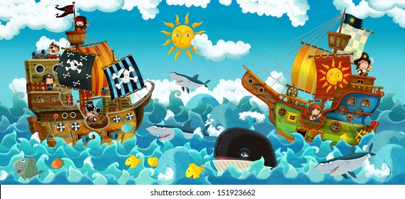 The pirates on the sea - battle - illustration for the children
