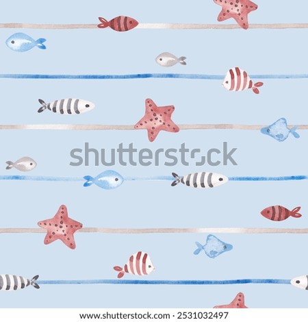Pirates seamless pattern with sea animals - fish, starfish hand drawn by watercolor. Cute printable design in cartoon style. For kid textile, fabric, clothing, wallpaper, scrapbook and so on