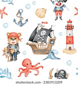 Pirates seamless pattern.Kids endless background with pirate,ship,octopus,anchor,sea star,lighthouse,wave,seaweed,shell.Watercolor cartoon pirate