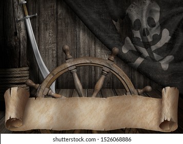 Pirates ship deck with old jolly roger flag and paper scroll or map banner 3d illustration