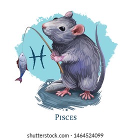 Pisces Creative Digital Illustration Of Astrological Sign. Rat Or Mouse Symboll Of 2020 Year Signs In Zodiac. Horoscope Water Element. Logo Sign With Fish. Graphic Design Clip Art For Web And Print.