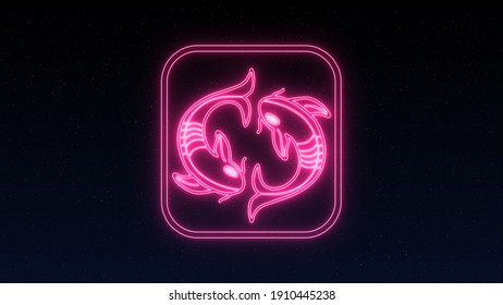 The Pisces zodiac symbol, horoscope sign in neon style on night star sky. Royalty high-quality free stock of Pisces zodiac sign. Night sky abstract background. Zodiacal mystic astrology symbols