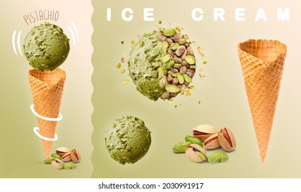 
Pistachio ice cream. Scoops of pistachio ice cream with waffle cone and pistachio photography. 3D illustration for banners, landing pages and web pages with summer motifs