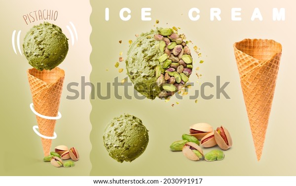 \
Pistachio ice cream.\
Scoops of pistachio ice cream with waffle cone and pistachio\
photography. 3D illustration for banners, landing pages and web\
pages with summer\
motifs