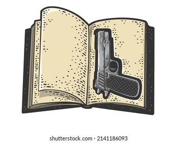 Pistol hide in book cache color sketch engraving raster illustration. T-shirt apparel print design. Scratch board imitation. Black and white hand drawn image.